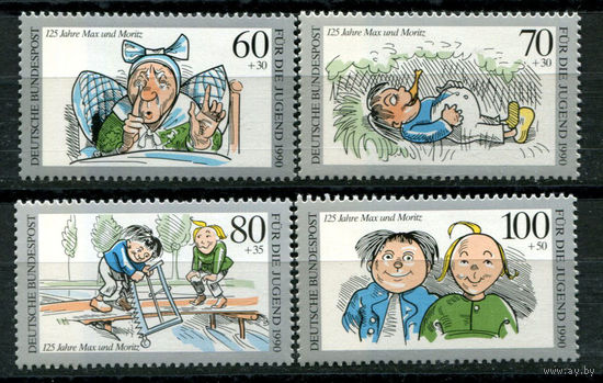 Германия (ФРГ) - 1990г. - Молодёжь. Иллюстрации "Макс и Мориц" - полная серия, MNH, 3 марки с отпечатками на клее, 1 с небольшим повреждением клея [Mi 1455-1458] - 4 марки