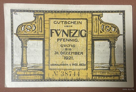 Нотгельд 50 пфеннигов 1921 год. Нёрдлинген. Веймарская республика