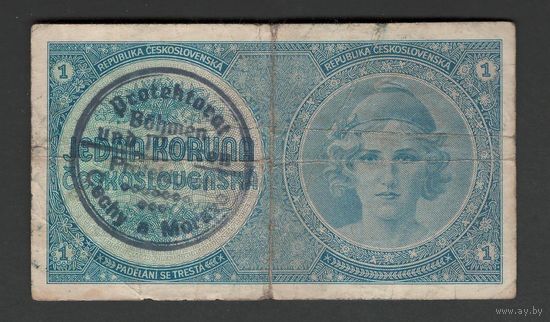 Чехословакия Богемия и Моравия 1 крона 1939 года. Тип P-1а. Ручной штамп. Состояние VF-