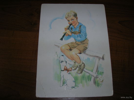 Дети Мальчик Флейтист Открытка винтажная из серии Кто рано встает, удача ждет... Чистая