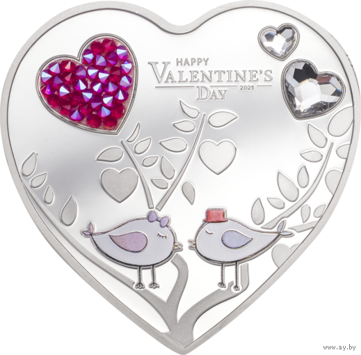 Острова Кука 5 долларов 2021г. "Любовь. Сердце. День святого Валентина". Swarovski. Монета в капсуле; подарочной рамке - футляре; сертификат; коробка. СЕРЕБРО 20гр.