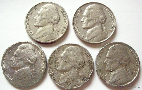 5 центов США, 1960,1964,1980,1985,1987, 5 монет одним лотом