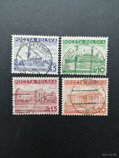 Польша 1937 Полная серия марок "Различные достопримечательности" (гашение без клея с наклейками) Mi.315-318 каталог 1.20 евро