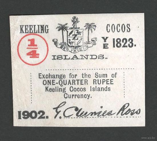 Кокосовы острова 1/4 рупии 1902 года. Тип PS-124. Состояние UNC-