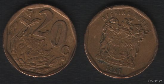 Южная Африка (ЮАР) km162 20 центов 1997 год (_брак(om1(2(2 небольшой поворот ТОРГ