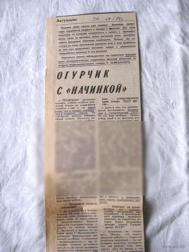 25-34 П4 3-100 Газета Знамя юности 28-03-1990 Вырезка Огурчик с начинкой