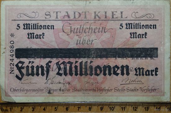 5 миллионов марок 1922 года Германия, Киль (500 марок -штамп-)