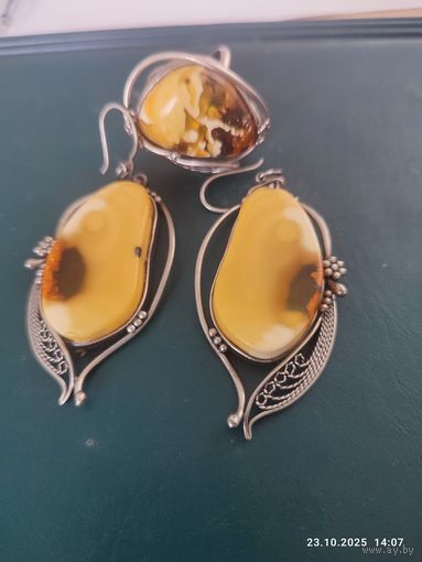 Кольцо и серьги СССР янтарь мельхиор