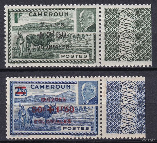 4.FrKs. Франция. Колонии. Камерун. Маршал Петен. Надпечатка нового номинала. 1944 г. Полная серия. С купоном. MNH. Mi.##257-258.