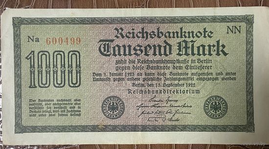 Банкнота 1000 марок 1922 год. Веймарская республика .