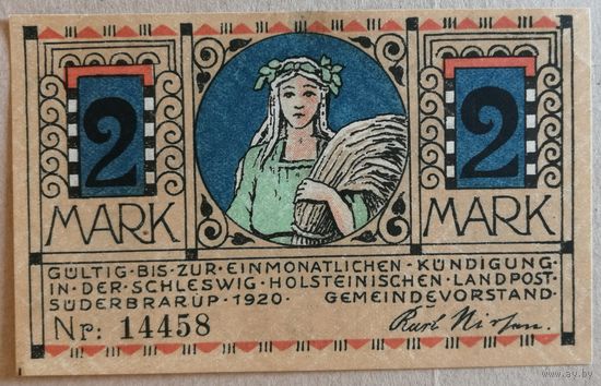 Германия 2 марки 1920 г Зюдербраруп (Schleswig-Holstein-Suderbrarup), 1294.2, UNC