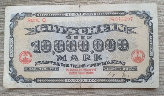 Werty71 Германия 10 миллионов 10000000 марок 1923 Пирмазенс банкнота гроссгельд