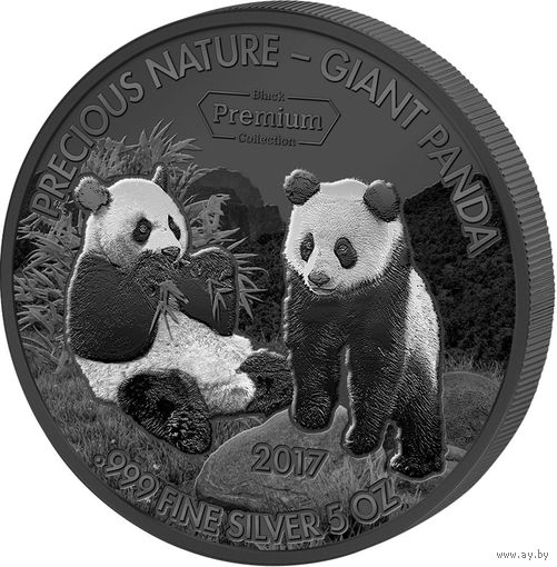 RARE: Бенин 5000 франков 2017г. Black Premium - Rhodium and Palladium "Панда. Панды." Монета в капсуле; шикарном подарочном футляре; номерной сертификат; коробка. СЕРЕБРО 155,50гр.(5 oz).