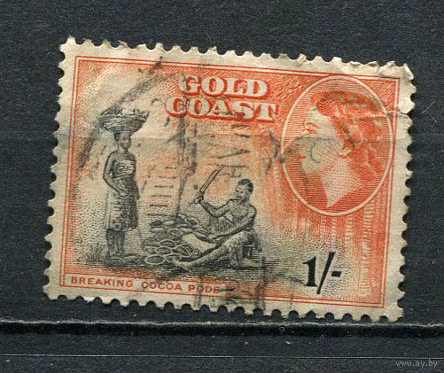 Британские колонии - Золотой Берег - 1952/1954 - Елизавета II и местные жители 1Sh - (есть надрыв) - [Mi.146] - 1 марка. Гашеная.  (Лот 29Fe)-T25P13