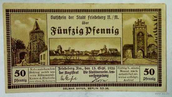 РАСПРОДАЖА!!! - ГЕРМАНИЯ ФРИДЕБЕРГ (БРАНДЕНБУРГ) 50 пфеннигов 1920 год - UNC!