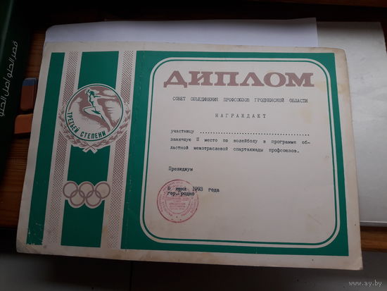 Диплом спортивный 3степени гродно