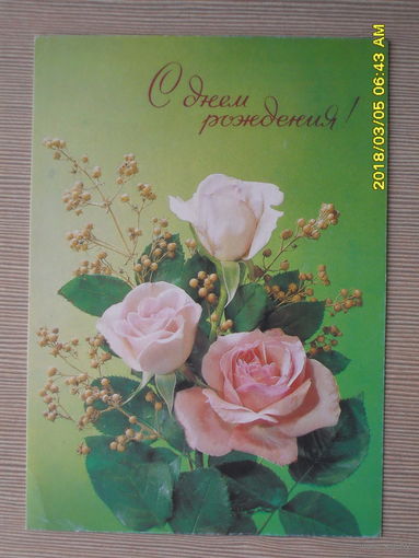 ЧИСТАЯ ПОЧТОВАЯ ОТКРЫТКА "С ДНЕМ РОЖДЕНИЯ"1992г.фото.И.ДЕРГИЛЕВА.РОЗЫ.ФЛО РА.ЦВЕТЫ.