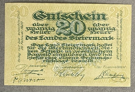 Нотгельд Австрия Штирия , 20 геллеров 1920 год