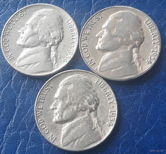 5 центов  1954 P D S США Джеферсон 3 монеты