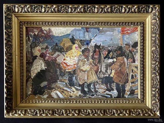 Жолток В.К. Эскиз к картине "Ярмарка", картон, масло. Размер с родной рамой 45х32 см.