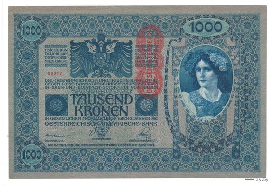 Австро-Венгрия 1000 крон образца 1902 года. Красная вертикальная надпечатка. Состояние UNC! (2)