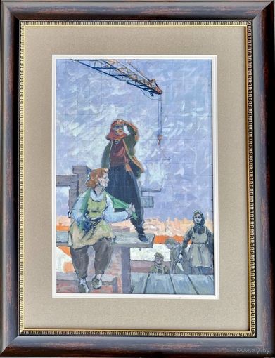Гавриленко П.Н. Этюд к картине "На лесах",1960г. Картон. Масло. Размер без рамы 43х32см.