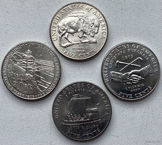 США 5 центов 2004 - 2005 гг. 200 лет экспедиции Льюиса и Кларка. Комплект 4 шт. Бизон, Выход к океану, Лодка, Приобретение Луизианы
