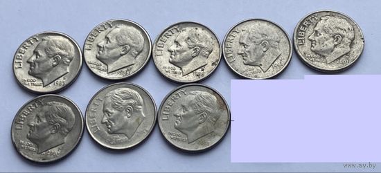 10 центов 83 г., 88 г., 94 г., 01 г., 02 г., 15 г., 18 г., США. Цена за 1 монету.