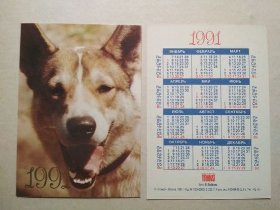 Карманный календарик. Собака. 1991 год