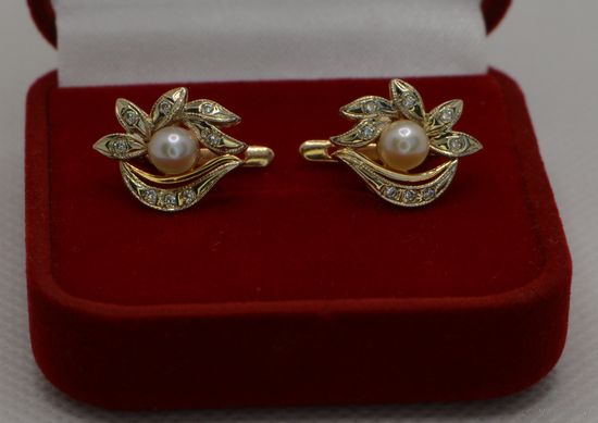 Красивые (Au_585) серьги с жемчугом и фианитами, 5.48 гр