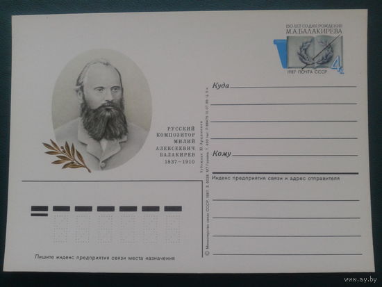 СССР 1987 ПК с ОМ композитор Балакирев