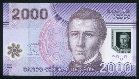 Чили 2000 песо 2009 г. P162a. Серия DB. Полимер. UNC