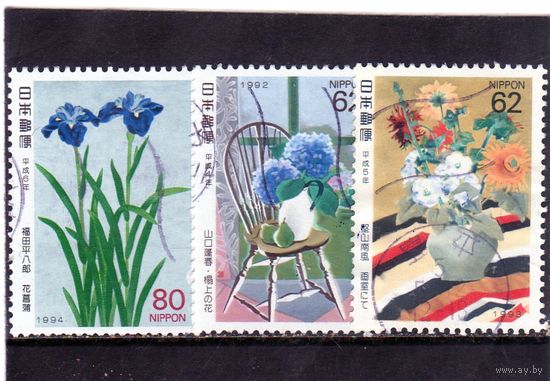 Япония. Mi:JP 2096,2151,2219. "Цветы на кафедре" Хошуна Ямагучи (1893-1971). "В студии" Нанпу Катаяма (1887-1980). "Ирисы" Хейхахира Фукуда (1892-1974). Серия: Филателистическая неделя. 1992.