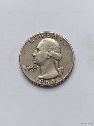 США, 1/4 доллара = 25 центов ( Washington квотер) 1964 серебро