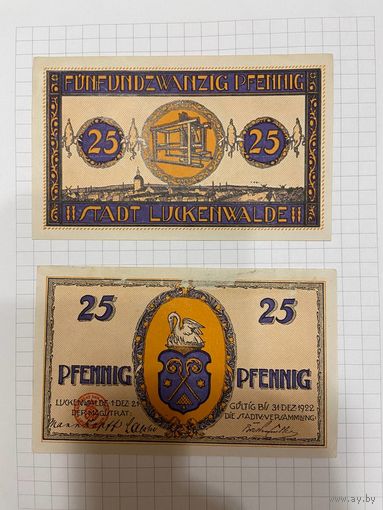 Нотгельд 25 пфеннигов. Германия. Веймарская республика Люкенвальден-0201