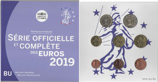 ФРАНЦИЯ 2019 год. 1, 2, 5, 10, 20, 50 евроцентов, 1 и 2 Евро. Нечастый официальный набор монет в буклете. Тираж 15.000 шт.