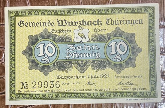 Нотгельд 10 пфеннигов 1921 год. Вюрцбах. Веймарская республика