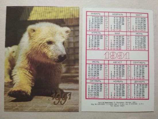 Карманный календарик. Медведь. 1991 год
