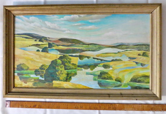 Андрукович Н.Н. "Лагойскi Краявiд" (з перавернутымi дэталямi), 2000 год. Масло. Размер с рамой: 83 см. х 50 см. Авторская надпись о себе и о картине. Оригинал. Отличное состояние.
