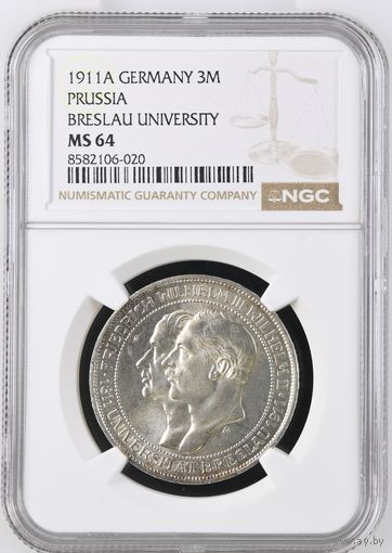 Германия. 3 марки 1911 A Бреславский университет слаб NGC MS64.