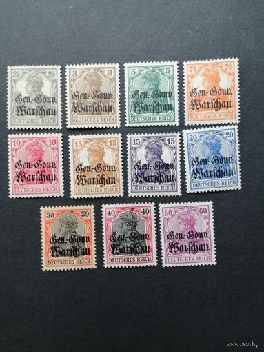 Польша 1916 Полная серия марок "DEUTSCHEN REICHES" периода немецкой оккупации Польши с надпечаткой "Deutschen post in Warschau" (чистые**) Mi.6-16 каталог 65.00 евро