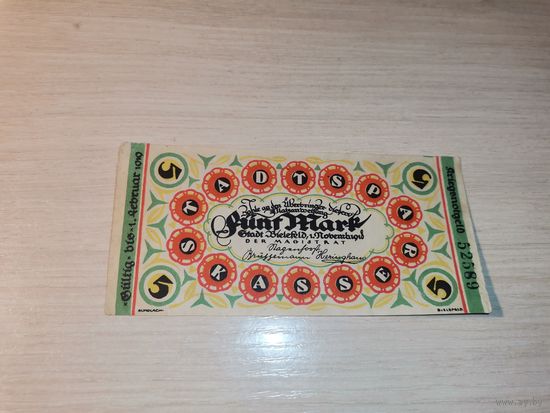 Нотгельд номиналом 5 марок , 1919 года, город Билефельд, Германия.