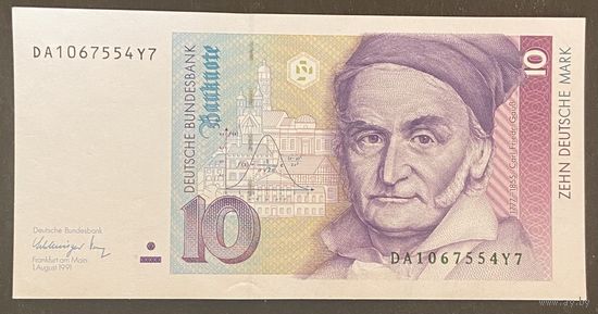 Банкнота 10 марок. 1991 год, ФРГ. Карл Фридрих Гаусс. Секстант. НЕ БЫЛА В ОБОРОТЕ