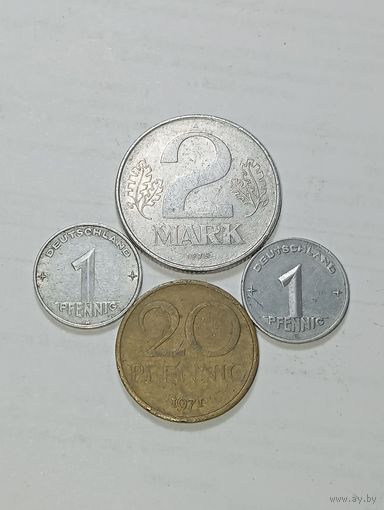 ГДР 2 марки 1975 A , 20 пфеннигов 1971 года и 1 пфенниг 1952  A , 1952 E года .
