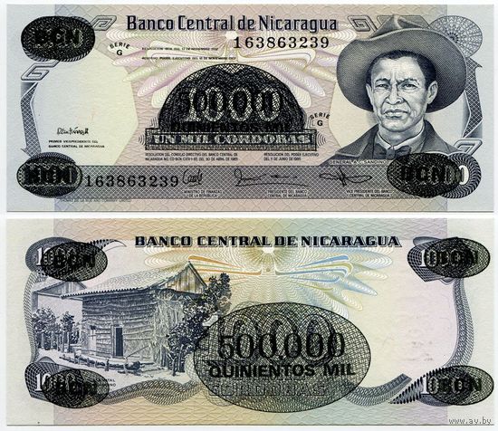 Никарагуа. 500000 / 500 000 на 1000 кордоба (образца 1987 года, P150, UNC)