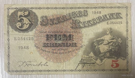 Банкнота. Швеция. 5 крон 1948  год. Густав I Ваза