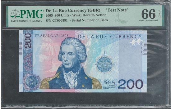 200 units 2005 год. De La Rue Currency. Test note. Состояние UNC! В слабе PMG 66