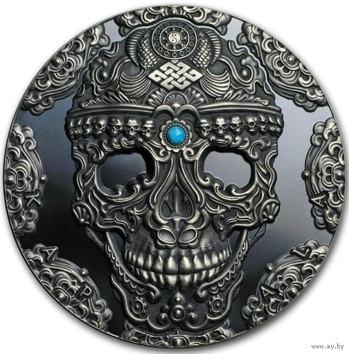 RARE Камерун 2000 франков 2018г. "Мировые культуры: Тибетский череп Капала". Монета в капсуле; деревянном подарочном футляре; сертификат; коробка. СЕРЕБРО 62,20гр.(2 oz).