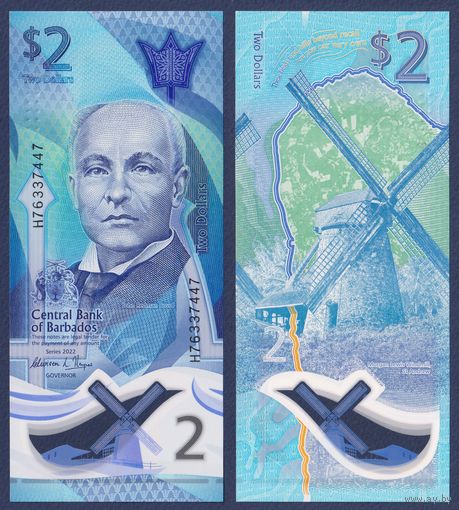 Барбадос, 2 доллара 2022 г, P-W80 (H, полимер, учёный Джон Эдвард Редмонд, мельница сахарного завода), UNC