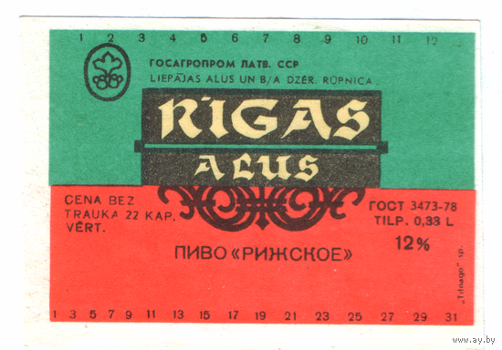 Этикетка пива Рижское Прибалтика Ф989